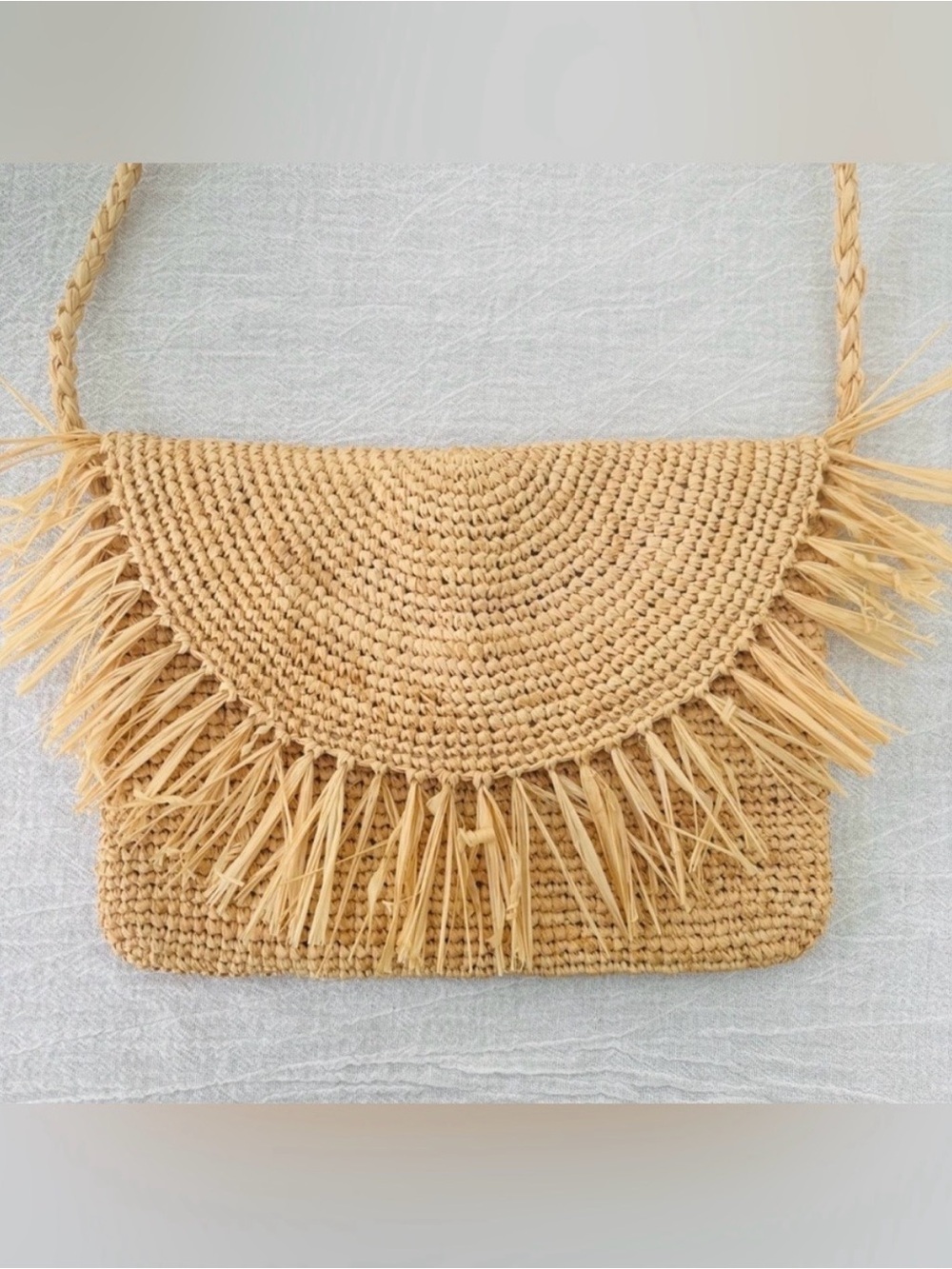 Mar Y Sol Handmade Madagascar Raffia Fringe Crossbody Clutch Boho Coastal Beach